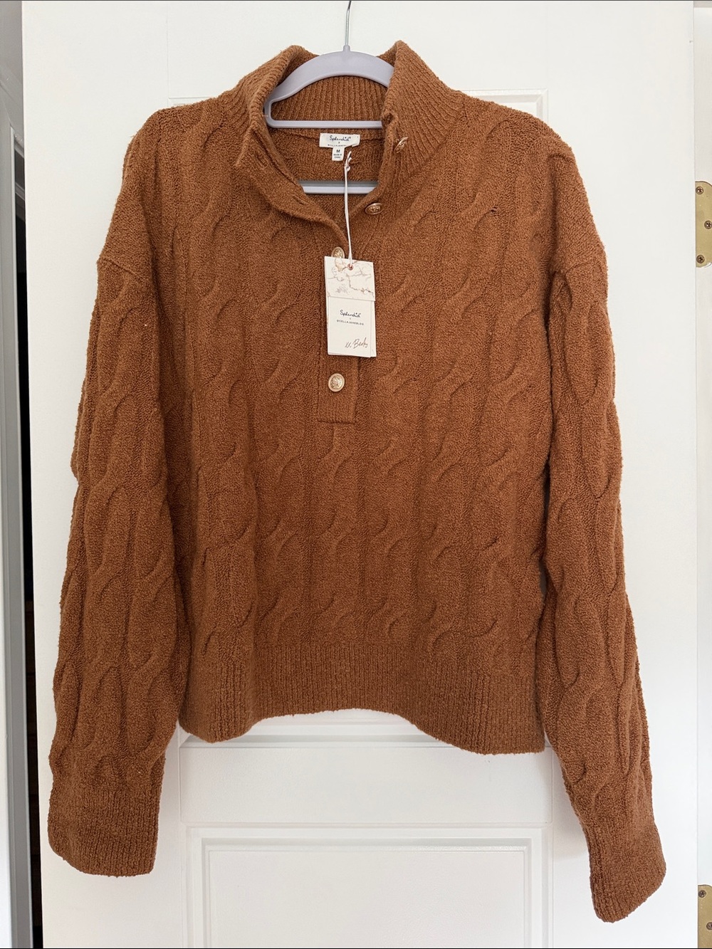 Splendid cable half placket sweater in caramel